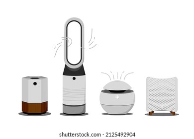 Air purifiers and humidifiers set. Home devices for air filtration. Vector illustration in a flat 