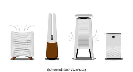 Air purifiers and humidifiers set. Home devices for air filtration. Vector illustration in a flat 