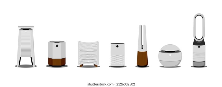 Air purifiers and humidifiers set. Home devices for air filtration. Vector illustration in a flat 