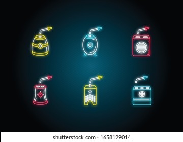 Puestos de purificadores de aire con íconos de luz de neón de aceites. Dispositivos climáticos, fragancias de aire, electrodomésticos, reguladores de humedad. Signos con efecto luminoso exterior. Imágenes de color RGB aisladas por vectores