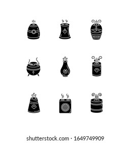 Air purifiers variety black glyph icons set on white space. Ultrasonic and steam air cleaners, climate control devices, indoors humidity regulators. Silhouette symbols. Vector isolated illustration