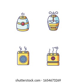 Air purifiers variety blue, yellow and red RGB color icons set. Modern air humidifiers, climate control devices, different design humidity regulators. Isolated vector illustrations