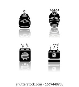 Air purifiers variety drop shadow black glyph icons set. Modern air humidifiers, climate control devices, different design humidity regulators. Isolated vector illustrations on white space