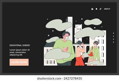 Air quality awareness dark or night mode web, landing. Urban smog. Citizens wearing masks in heavy smog. Air pollution of modern city environment. Flat vector illustration.