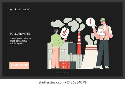 Air quality awareness dark or night mode web, landing. Industrial emissions. Pollution fees at a factory emitting smoke. Safety officer air pollution regulations and costs. Flat vector illustration.