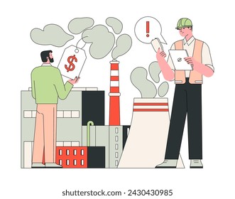 Air quality awareness. Industrial emissions. Pollution fees at a factory emitting smoke. businessman and a safety officer discussing air pollution regulations and costs. Flat vector illustration.