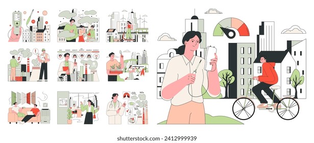 Air quality awareness set. Air quality index and pollution monitoring. Air purifiers devices and mechanisms in urban environments for healthier living. Flat vector illustration