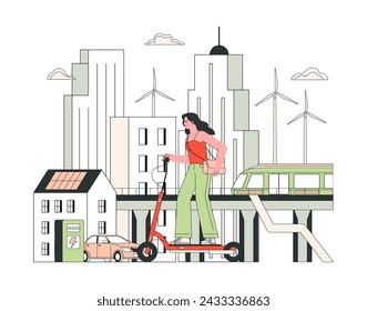 Air quality awareness. Sustainable urban transport. Woman on electric scooter in cityscape with wind turbines and solar panels. Green energy and clean air. Flat vector illustration.