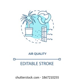 Air Quality Blue Concept Icon. Indoor Ventilation. Clean House. Environmental Care. Air Circulation. Biophilia Idea Thin Line Illustration. Vector Isolated Outline RGB Color Drawing. Editable Stroke