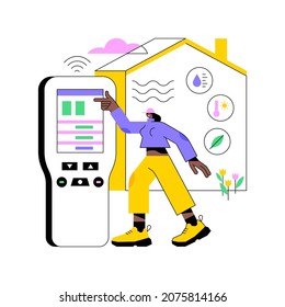 Ilustración vectorial del concepto abstracto de control de la calidad del aire. Control ambiental, sistema de calidad del aire, prevención de la contaminación, control de distrito industrial, metáfora abstracta de detección de gases en interiores.