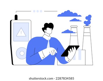 Ilustración vectorial del concepto abstracto de control de la calidad del aire. Control ambiental, sistema de calidad del aire, prevención de la contaminación, control de distrito industrial, metáfora abstracta de detección de gases en interiores.