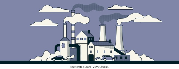 Concepto del Índice de Calidad del Aire. Contaminación del aire de fábricas y automóviles. La influencia de las fábricas sobre la pureza del aire. Fumes de una fábrica.  Ilustración vectorial en estilo plano. Pancarta horizontal minimalista.