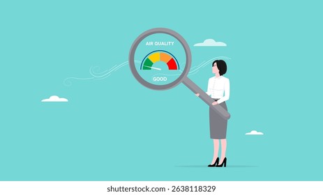 air quality, air quality index, good and fresh air conditions free from pollution, woman holding magnifying glass to check the air quality