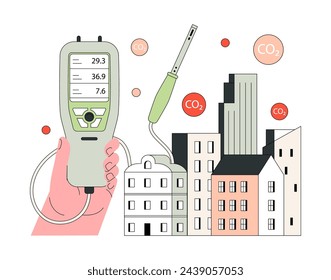 Air quality index. Handheld device measures urban CO2 levels. Air pollution monitoring. Urban environment management. Flat vector illustration