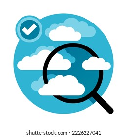 Monitor de calidad del aire - control de la condición de la atmósfera, CO2 y gases de efecto invernadero, emisiones. Icono vectorial aislado con lupa y nubes