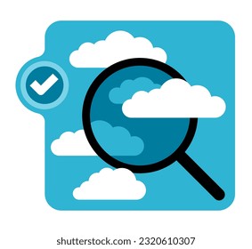 Monitor de calidad del aire - control de la condición de la atmósfera, CO2 y gases de efecto invernadero, emisiones. Icono cuadrado aislado con lupa y nubes