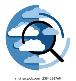 Monitor de calidad del aire - control de la condición de la atmósfera, CO2 y gases de efecto invernadero, emisiones. Icono semicircular aislado con lupa y nubes