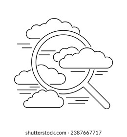 Monitor de calidad del aire - control de la condición de la atmósfera, CO2 y gases de efecto invernadero, emisiones. icono en línea delgada con lupa y nubes