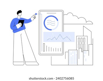 Air quality monitoring isolated cartoon vector illustrations. Man with smartphone monitors air quality using special mobile app, smart city, Internet of Things, modern technology vector cartoon.