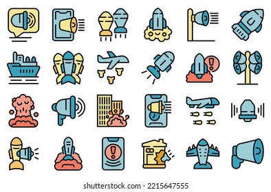 Air Raid icons set outline vector. War bomb. Attack hit color flat isolated