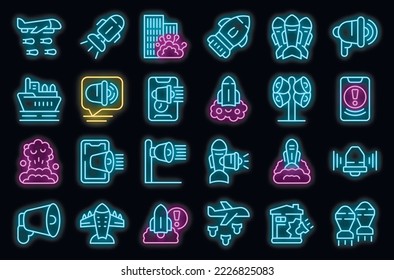 Air Raid icons set outline vector. War bomb. Attack hit neon color on black