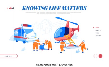 Air Rescue Service and Ground Medical Emergency Help Landing Page Template. Paramedic Characters Carry Stretcher with Diseased Patient to Ambulance Car, People Evacuation. Cartoon Vector Illustration