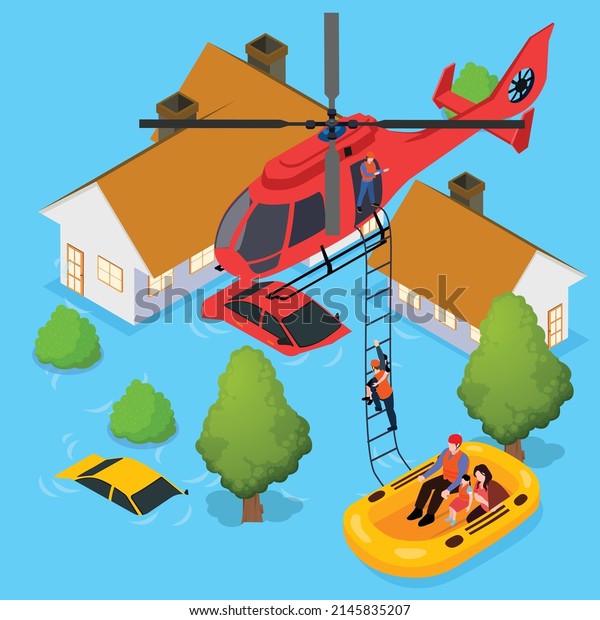 Air rescue team helping flood victims isometric 3d\
vector illustration concept for banner, website, illustration,\
landing page, template,\
etc