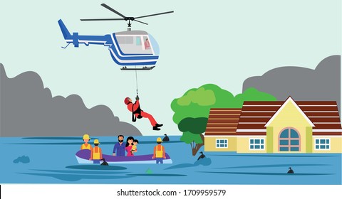 air rescue team vector helicopter rescue on floods air ambulance flat illustration