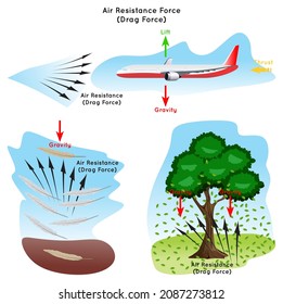 Air Resistance Force Drag Force Infographic Diagram example aeroplane moving in straight line and feather falling on ground tree shedding leaves gravity lift thrust physics science education vector