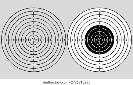 Luftgewehr Ziel Vektorgrafik.konzentrische Ringe,Zahlen,in Umriss,Silhouette,flach.für Luftgewehr Praxis, Schießtraining, Sportwettkämpfe, und Genauigkeit testen. Symbolsatz druckbar