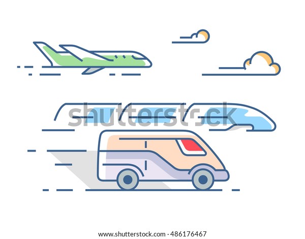 Air, road and rail transport in a linear\
style. Vector\
illustration