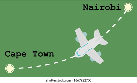 Air route from Nairobi Kenya to Cape Town South Africa. African continental air line. Motives of passenger flights, business communication and tourism