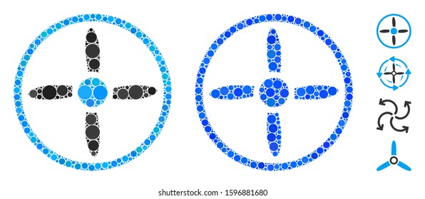 Air screw mosaic of filled circles in different sizes and color tinges, based on air screw icon. Vector random circles are combined into blue mosaic. Dotted air screw icon in usual and blue versions.