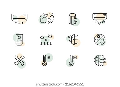 Air Set Icon. Air Conditioning, Dust, Air Freshener, Heater, Arrows, Circulation, Thermometer, Temperature. Atmosphere Concept. Vector Line Icon For Business And Advertising.