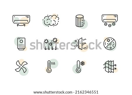 Air set icon. Air conditioning, dust, air freshener, heater, arrows, circulation, thermometer, temperature. Atmosphere concept. Vector line icon for Business and Advertising.