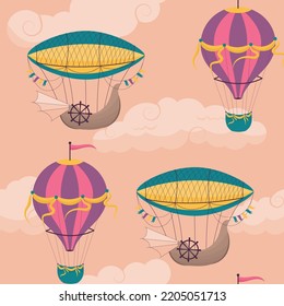 air ship and balloon flying between pink fluffy clouds 