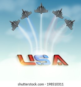 Air show by fighter planes making colorful text USA in sky, American Independence Day celebration concept. 