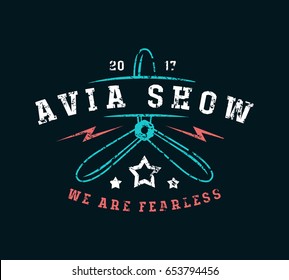 Air show emblem in thin line style. Graphic design for t-shirt. Color print on black background