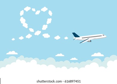 Air show heart loop with plane and clouds on blue background. Vector illustration