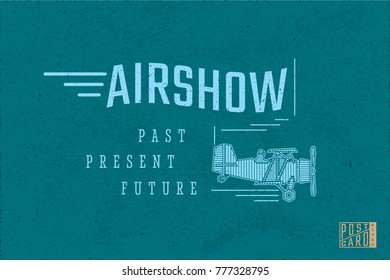 Air Show Old Style Inverted Logo Lettering and Vintage Aircraft on Retro Postcard Front Side Blank Template - Blue Elements on Turquoise Rough Paper Background - Flat Graphic Design