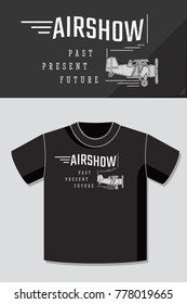 Air Show Retro Style Inverted Logo Lettering and Vintage Aircraft with Application Example on T-Shirt Vector Template - White on Black Background - Flat Contrast Graphic Design