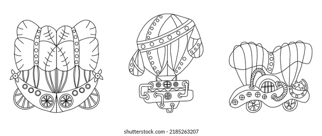 Air signs Gemini, Libra, Aquarius. Zodiac signs in the form of airship icons in steampunk style. Zodiac set of astrological elements in steampunk style, hand-drawn in linear doodle style.