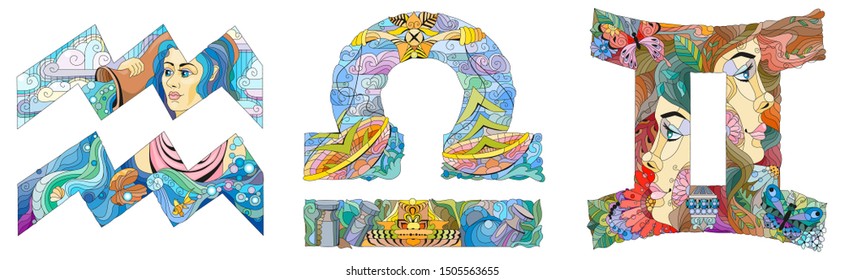 Air Signs Zodiac Libra, Gemini, Aquarius. Vector zentangle object for decoration