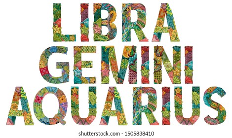 Air Signs Zodiac Libra, Gemini, Aquarius. Vector zentangle object for decoration