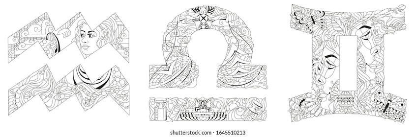 Air Signs Zodiac Libra, Gemini, Aquarius. Vector zentangle object for coloring