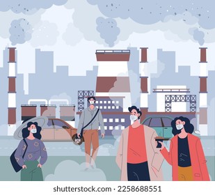 Air smog city people in protective mask dust polluted industry factory concept. Vector graphic design illustration