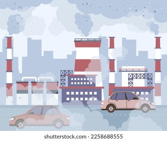 Air smog city people in protective mask dust polluted industry factory concept. Vector graphic design illustration