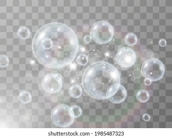Air soap bubbles on a transparent background .Vector illustration of bulbs.	

