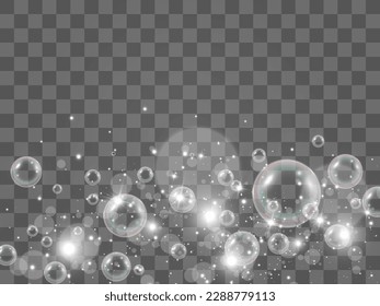 Luftseifenblasen auf transparentem Hintergrund .Vektorgrafik von Glühbirnen.	