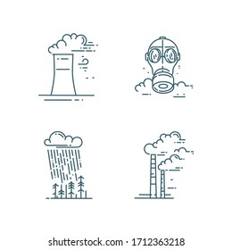 Air and soil pollution line icons set. Ecology problems. Climat change consequences.  Industry smokestacks with smok, Acid rain, Gas mask